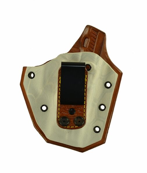 Turning Point for a Sig 229R 3.9", r/h, Hybrid, Yeti Kydex Front, Tan Leather Back, Canted, Tuckable, Shark Embossed Strap