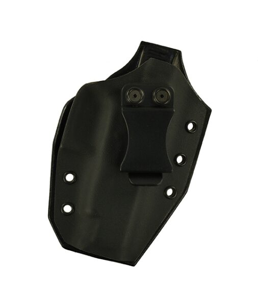 Close Encounter for a Glock 48, r/h, Hybrid, Black Kydex, Black Leather Back, Canted, Clip