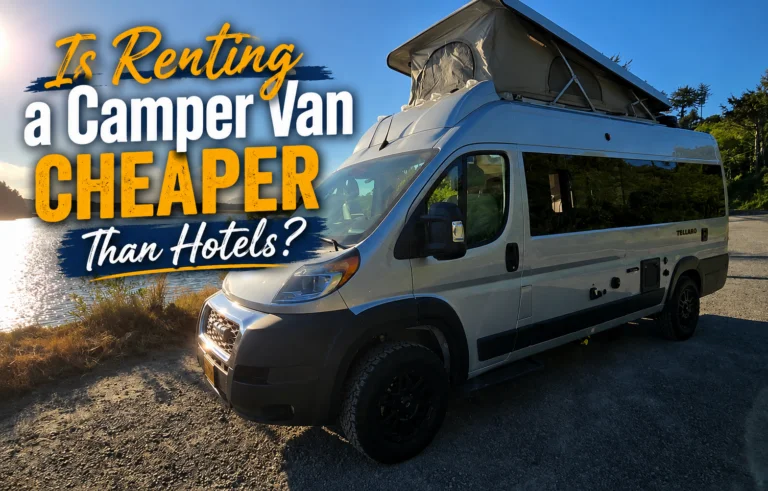 Telaro campervan parked beside a lake with raised pop-top roof